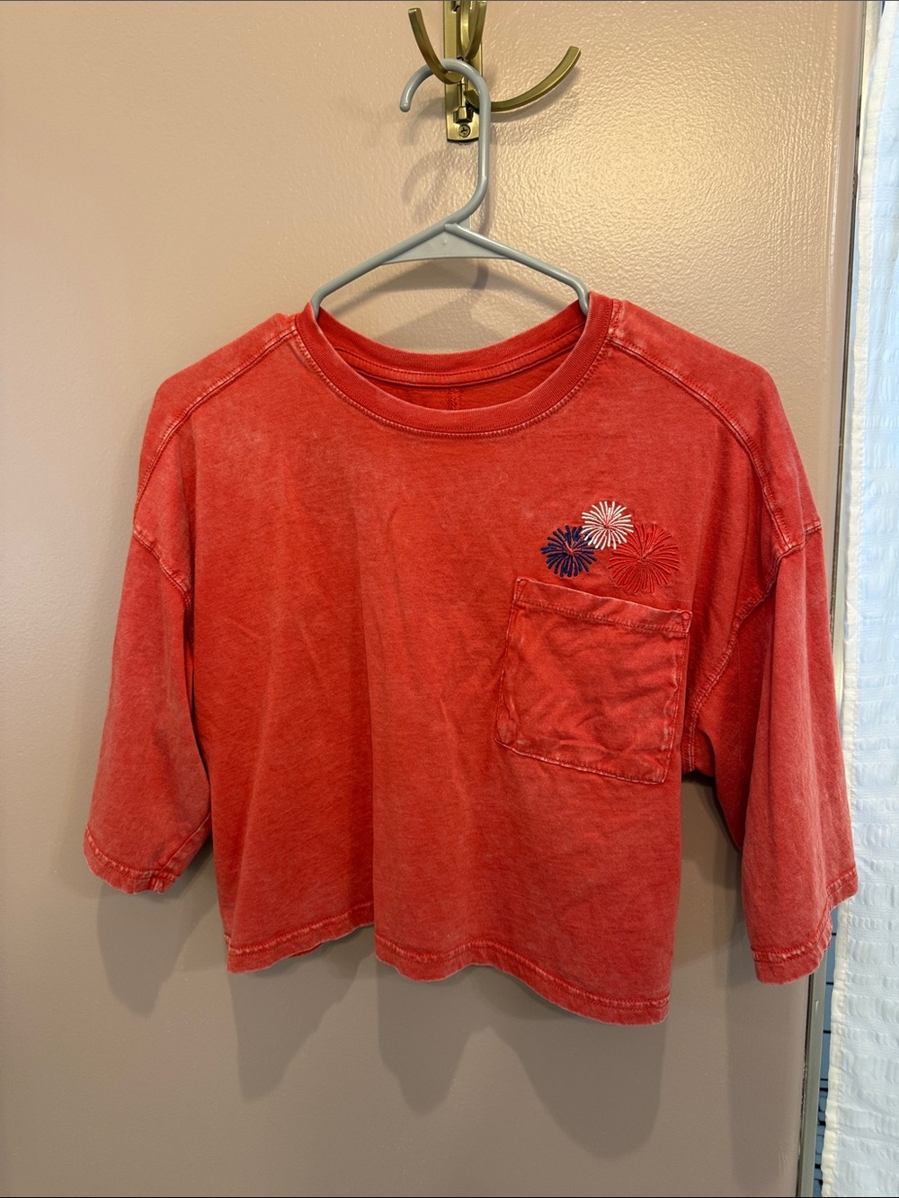 Kids Red Short-Sleeve Pocket Tee with Firework Embroidery